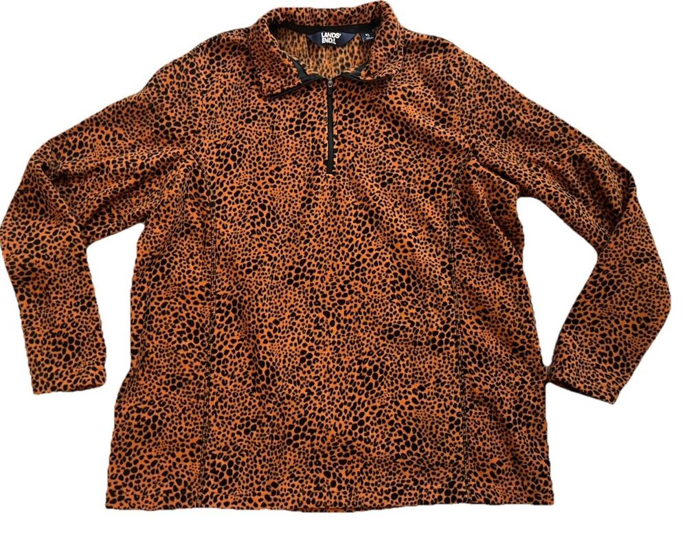 Lands End Pullover Leopard Print Fleece Jacket Quarter Zip Cozy Brown Warm XL 1X